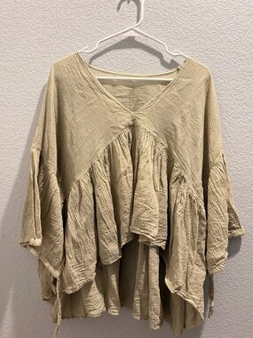 Boho V-Neck Ruffled Peasant Top in Light Olive